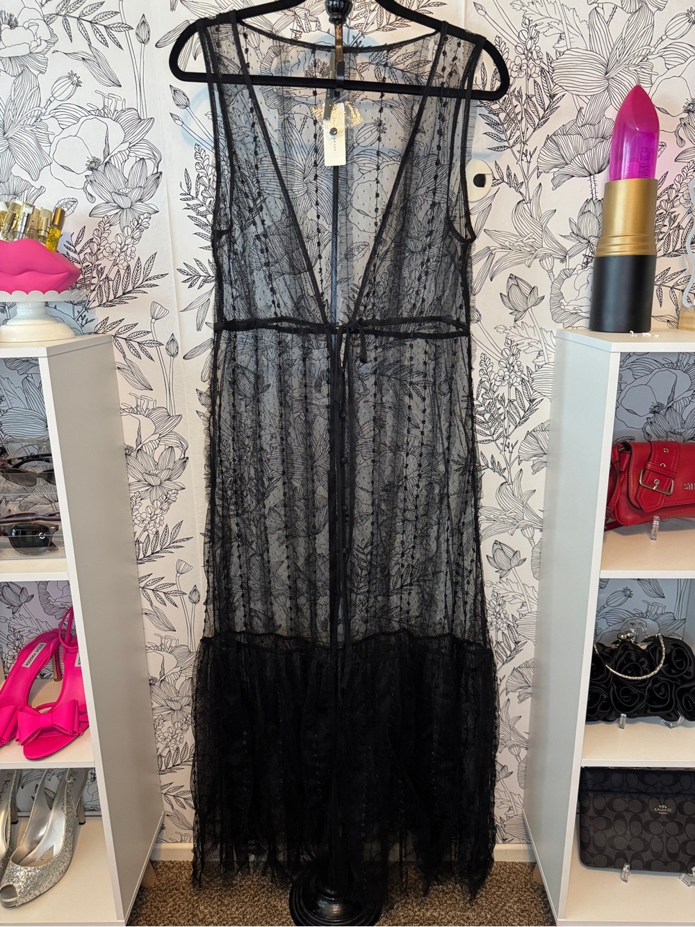 Anthropologie Sheer Black Lace Maxi Robe